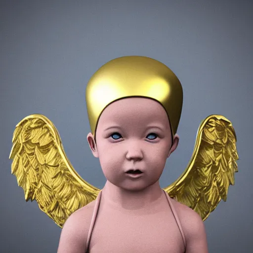 Image similar to a high tech 3 d rendering of a a baby cherub angel wearing a balaclava face mask, ski mask, face covered, covered face, fixed eyes, tattoos, multiple gold cuban chain necklace, concept art octane render, blender, cinema 4 d