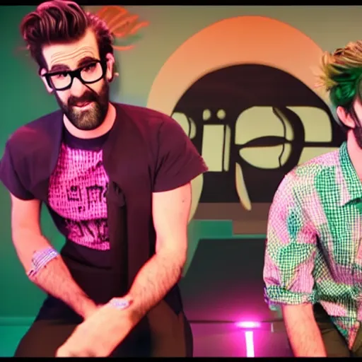Prompt: rhett and link from good mythical morning dancing, synthwave