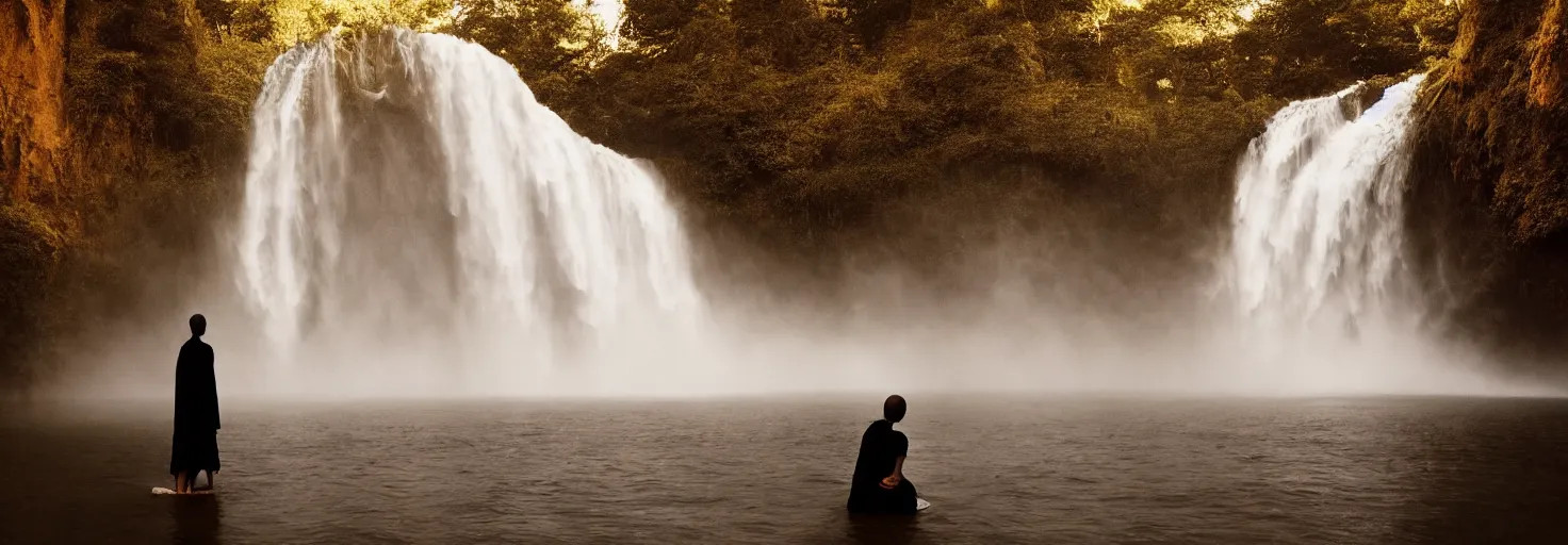 Prompt: dang ngo, annie leibovitz, steve mccurry, a simply breathtaking shot of mediating monk in black, giantic waterfall, golden hour, golden ratio, wide shot, symmetrical