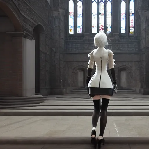 Prompt: 2 b nier automata standing in front of a church, 3 d render, unreal engine, octane render, ray tracing, unity, highly detailed, high quality, hd, 4 k, 8 k, realistic, sharp, trending