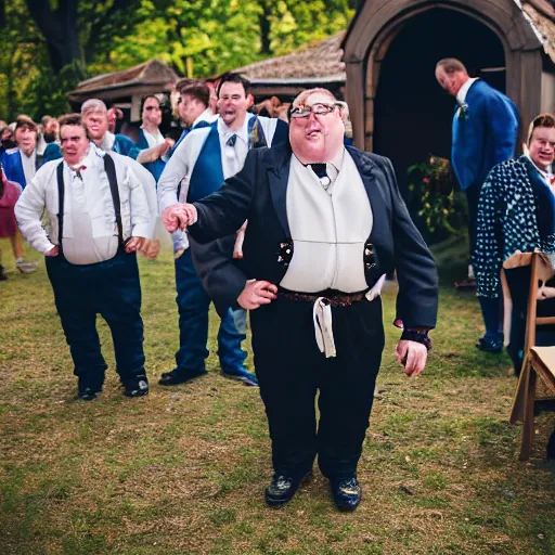 Prompt: An obese german in Lederhosen at a wedding, EOS-1D, f/1.4, ISO 200, 1/160s, 8K, RAW, unedited, symmetrical balance, in-frame