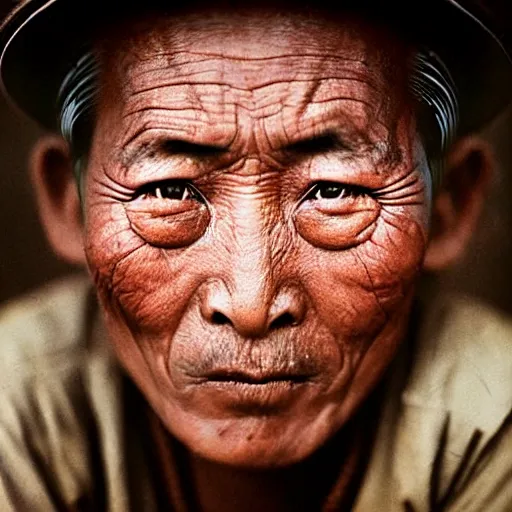 Prompt: ultra realistic vintage photo portrait of a tibetan man with a gigantic hole in the forehead, by Annie Leibovitz,