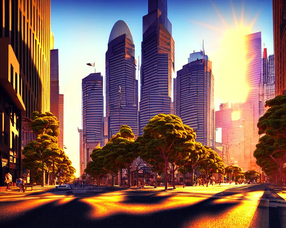 Prompt: sydney in the future, city streets, golden hour, perspective artwork, photorealism