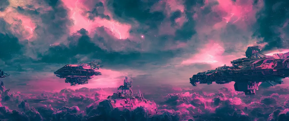 Image similar to space, hyperdetailed illustration, portrait big dark dog, mohawk, stars, pink, neon, oil painting, rich deep colors masterpiece, pirate neon ship, ultra detailed, contrast, heaven pink, clouds, volumetric light, atmospheric lighting, dramatic, cinematic, moody, octane render 4 k, 8 k