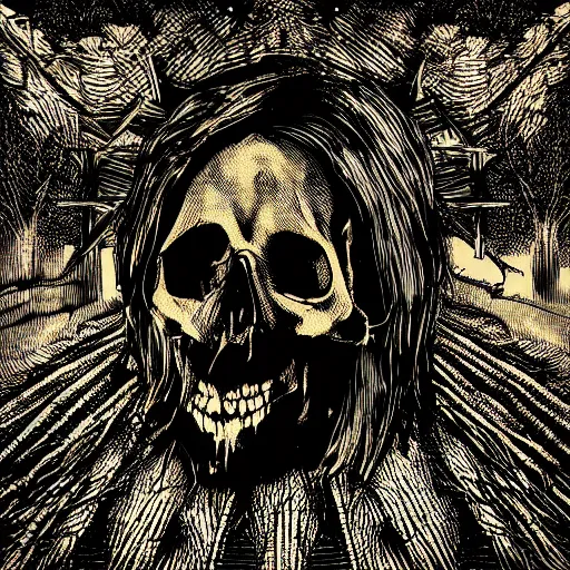 Image similar to dark death metal themed vector illustration for a record label, trees. forest, spikes, skull, microphone, skull, award winning, grunge, iconic, golden ratio