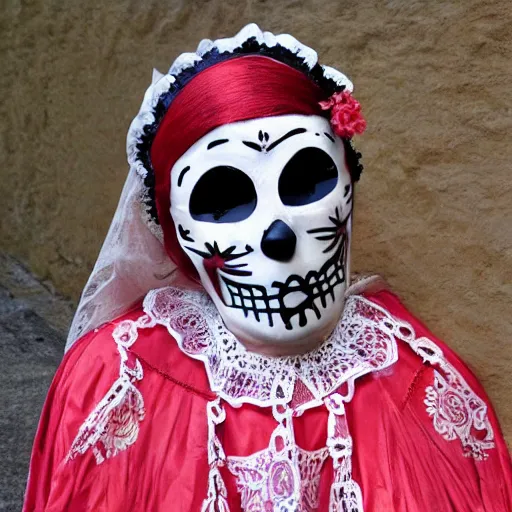 Image similar to la muerte mask with sardinia's traditional female dress