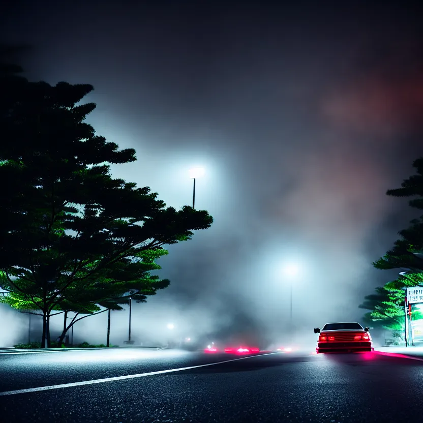 Image similar to one car JZX90 twin turbo drift middle of empty street, misty kanagawa prefecture, night, cinematic color, photorealistic, highly detailed,