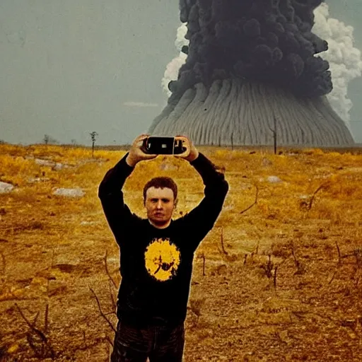 Prompt: selfie of the last surviving ukrainian, wild pain and damage to the body burns alive to the bone, painted in dirty yellow - blue colors, a huge nuclear explosion is approaching in the background