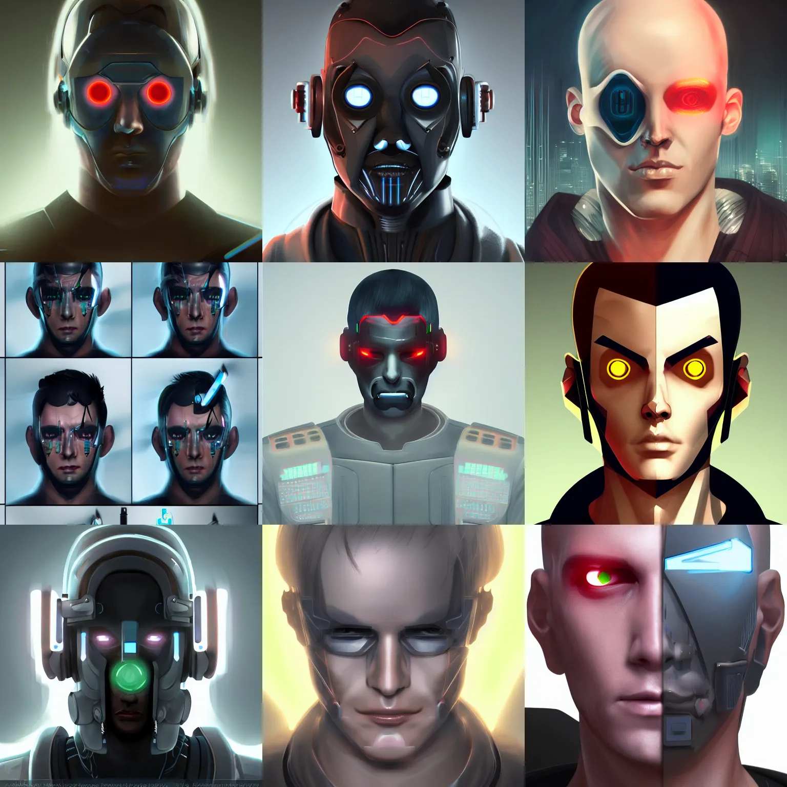 Prompt: Cyberpunk male android with facial implants and glowing eyes, detailed character portrait trending on ArtStation