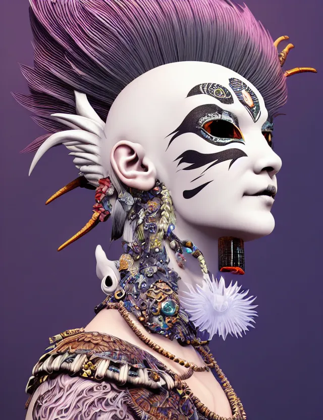 Image similar to 3 d goddess close - up profile simple portrait punk with mohawk with goat skull. beautiful intricately detailed japanese crow kitsune mask and clasical japanese kimono. betta fish, jellyfish phoenix, bio luminescent, plasma, ice, water, wind, creature, artwork by tooth wu and wlop and beeple and greg rutkowski