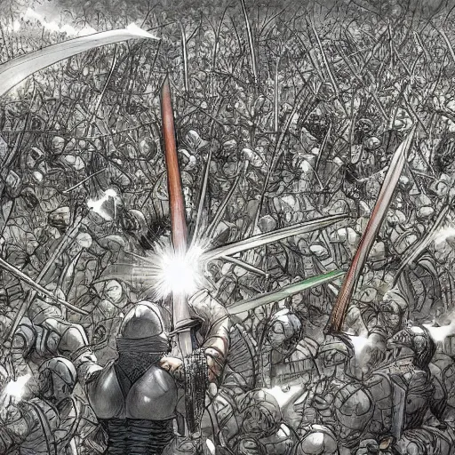 Image similar to one hero with sword looking at army of swordsmen in the background, in the middle of an arena, crowd of people, pencil art, added detail, high definiton, colored, aerial view, byyoji shinkawa