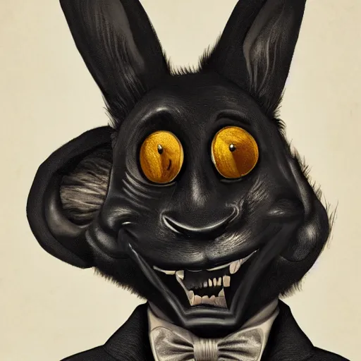 Image similar to A extremely highly detailed majestic hi-res beautiful, highly detailed head and shoulders portrait of a scary terrifying, horrifying, creepy black cartoon rabbit with a bowtie and scary big eyes, earing a shirt laughing, hey buddy, let's be friends, in the style of Walt Disney