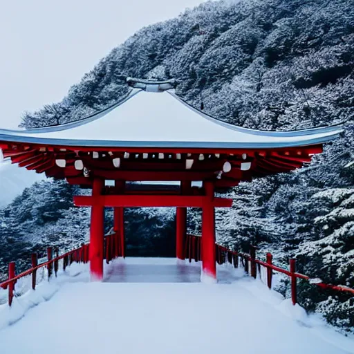 Image similar to a shinto shrine atop a mountain,snowy,beautiful nature,distant shot