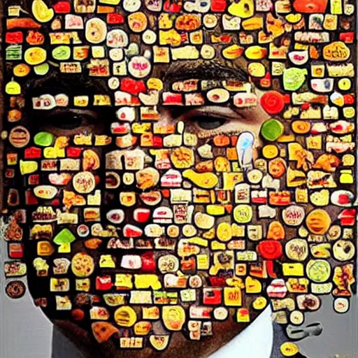 Image similar to a man's face made out of pieces of food