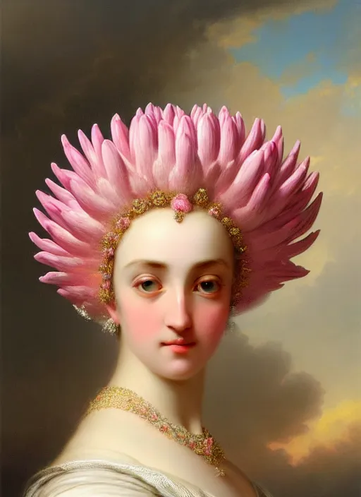 Prompt: stunning italian godess princess, detailed pink and white protea head peace against a black backdrop by ivan aivazovsky, wlop, super sharp details, photorealism, 5 0 mm lens, oil painting, beautiful soft lighting, muted colours, artstation