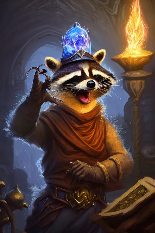 Image similar to closeup 3 5 mm anthropomorphic sorcerer raccoon casting a spell in a castle, d & d, fantasy, intricate, action pose, particle effects, highly detailed, digital painting, artstation, concept art, matte, sharp focus, volumetric lighting, illustration, hearthstone, art by artgerm, wlop, greg rutkowski and alphonse mucha