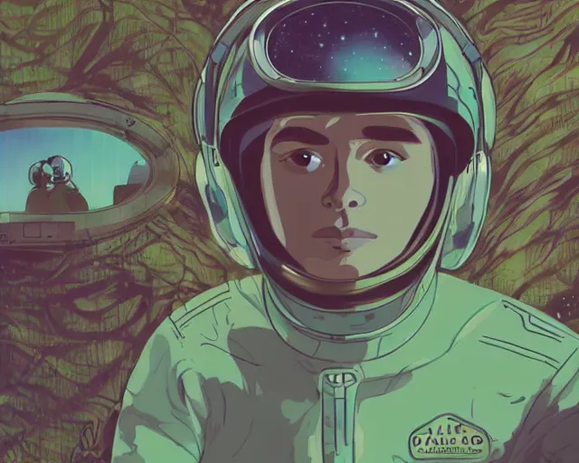 Image similar to a headshot head shot portrait of Alain Delon twins pilot in spacesuit on field forrest spaceship station landing laying lake artillery outer worlds shadows in FANTASTIC PLANET La planète sauvage animation by René Laloux