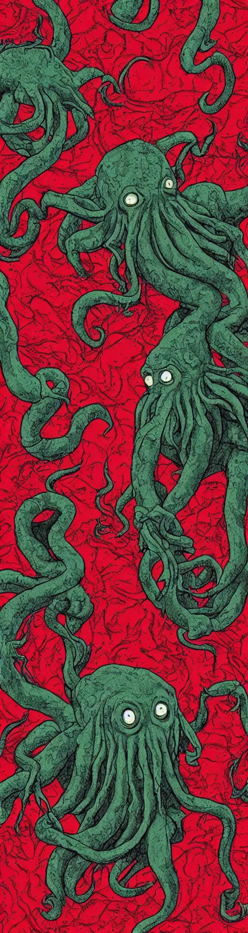 Image similar to Cthulhu lost inside the red room from Twin Peaks while David Lynch laughs in the background, fractal tile across the floor, Bob, mike judge art style, 90s mtv illustration