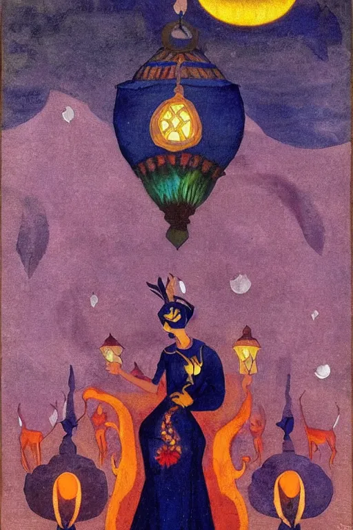 Image similar to queen of night with her lantern and birds, by Nicholas Roerich, black leather and embroidered velvet, iridescent beetles, rich color, dramatic cinematic lighting, extremely detailed