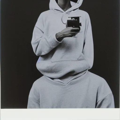 Prompt: varan wearing hoodie, holding polaroid camera, 8 0 s, polaroid photo, by warhol,