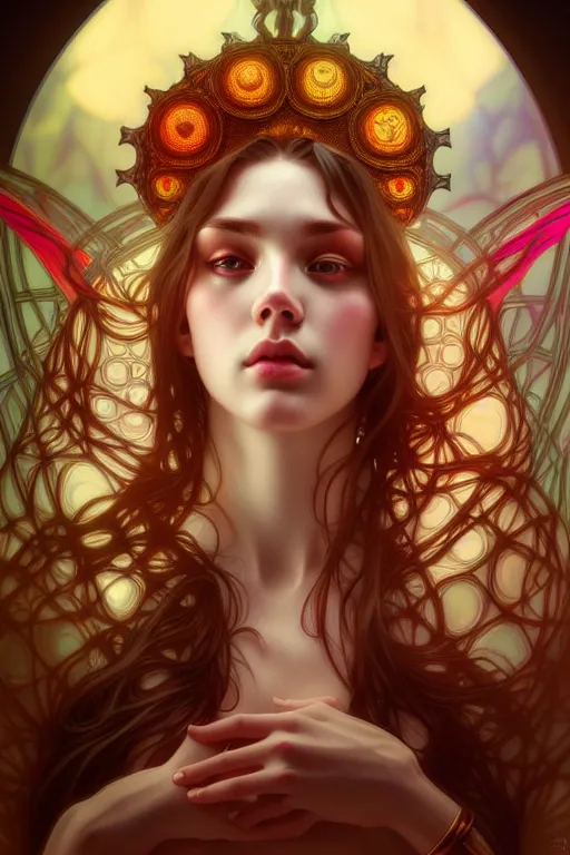 Image similar to overlord, psychedelic, portrait, highly detailed, deep focus, elegant, digital painting, smooth, sharp focus, illustration, ultra realistic, 8 k, art by artgerm and alphonse mucha