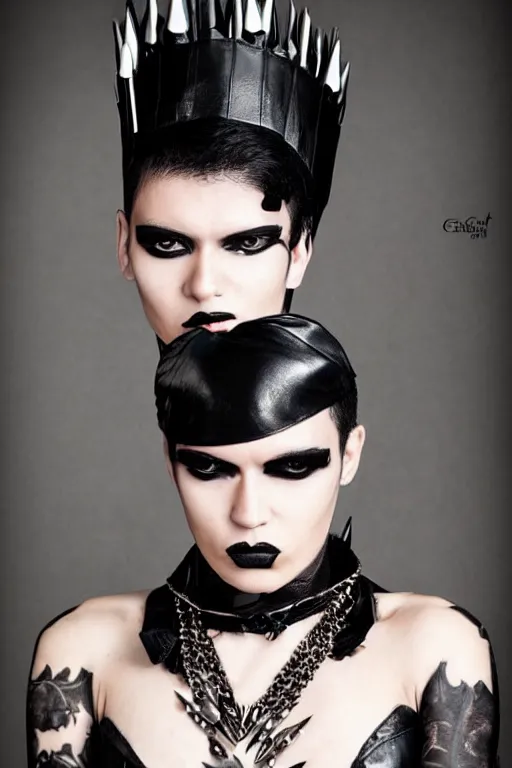 Image similar to a mexican genderqueer person in a black leather outfit with spikes on their b a high fashion character portrait by christen dalsgaard, featured on behance, gothic art, androgynous, genderless, gothic