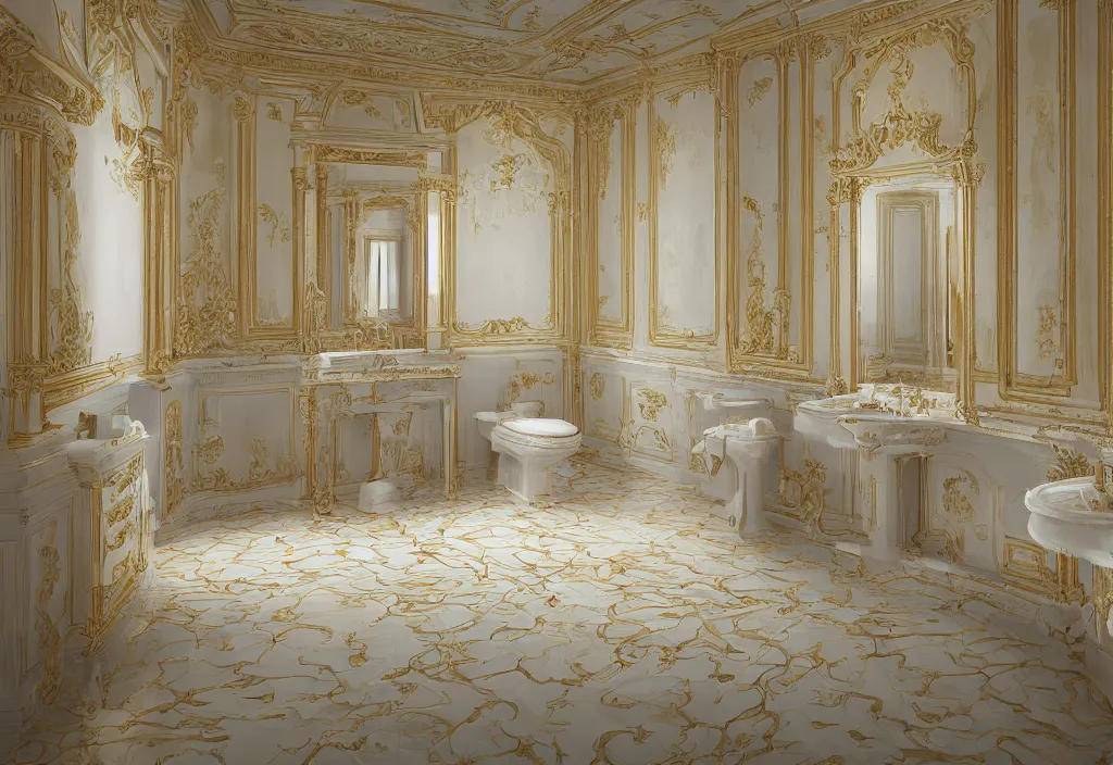 Prompt: kodak portra 4 0 0 photographic and realistic, interior of a bathroom in style of royal palace, detailed, octane render, unreal engine, 4 k, artstation, hyper realistic, wide angle, floor flooded, how a river, objects that float, 3 5 mm, sharp focus, soft light, volumetric light, in the style of gregory crewdson