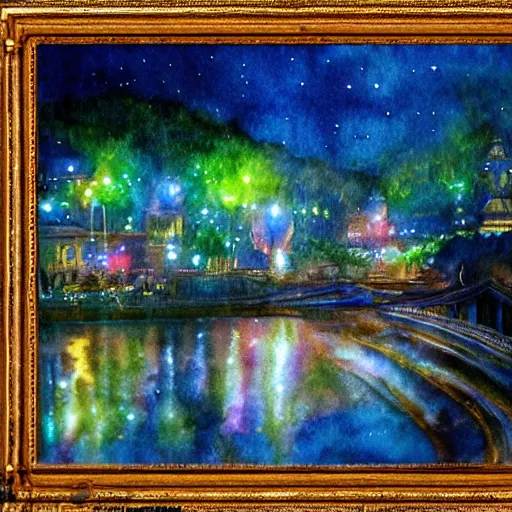 Prompt: A Mystic River, The River Is Full of Lights, Mysticism, Artwork, Watercolor, Indian Art, Cinematic, Exposure, Slit-Scan Photography, 2-Dimensional, 4k, Ultra-HD, Incandescent, Ray Tracing Reflections, insanely detailed and intricate, hypermaximalist, elegant, ornate, hyper realistic, super detailed:: watermark:: blurry:: cropped:: blur:: blurry:: out of focus:: by Dorothea Tanning, by Rene Magritte, by Victto Ngai