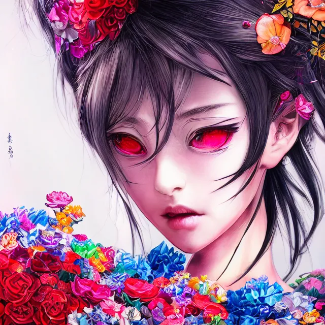 Image similar to studio portrait absurdly beautiful, elegant, graceful, young hypercolorful sensual anime girl rubies red petals gems, ultrafine hyperrealistic detailed face illustration by kim jung gi, irakli nadar, intricate linework, sharp focus, bright colors, matte, octopath traveler, final fantasy, unreal engine highly rendered, global illumination, radiant light, intricate rainbow environment