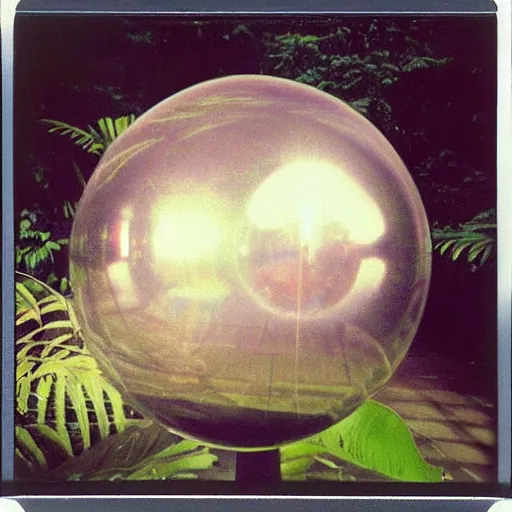 Prompt: grainy Polaroid film photograph of a highly reflective floating sphere glass orb in a tropical greenhouse. super resolution. surreal. Extremely detailed. Polaroid 600 film. by Annie Leibovitz and Richard Avedon