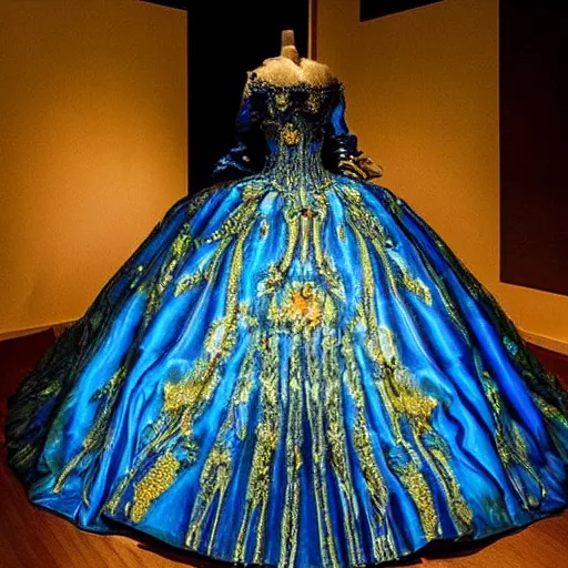 Image similar to Stunning photograph of a magnificent and extravagant ball gown designed after by Van Gogh's Starry Night. Fashion contest winning piece. Studio lighting