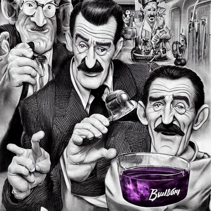 Image similar to promotional art for the movie'unless you hate bullruns ', barry chuckle preparing a batch of purple oil drink, hyperreal detailed facial features and uv lighting, art by ed roth and basil wolverton