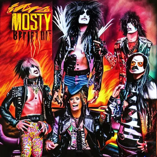 Prompt: Long lost concept art for 80s Mötley Crüe album cover, complex, extremely detailed, shattering expectations, vibrant color, 8k resolution, cold,
