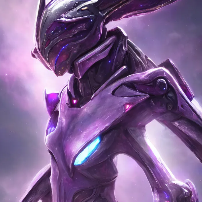 Image similar to cinematic close shot, cosmic sized proportional stunning beautiful hot female warframe, detailed robot mecha female dragon head, metal ears purple eyes, sleek silver armor, fuschia skin, floating in empty space, nebula sized, posing elegantly, epic proportions, epic size, epic scale, furry art, dragon art, giantess art, warframe fanart, furaffinity, deviantart