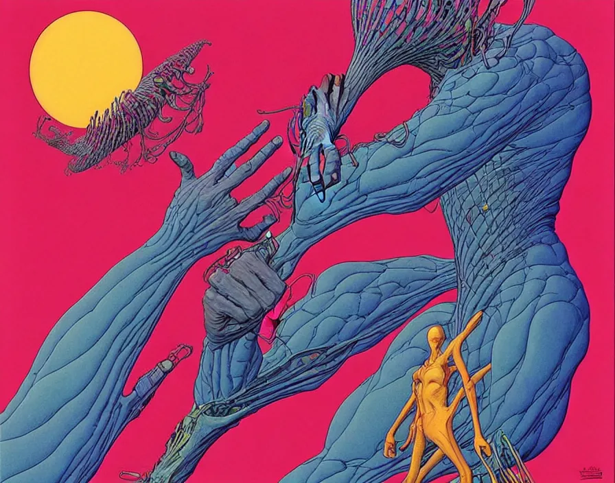 Image similar to ( ( ( ( the fear ) ) ) ) by mœbius!!!!!!!!!!!!!!!!!!!!!!!!!!!, overdetailed art, colorful, artistic record jacket design