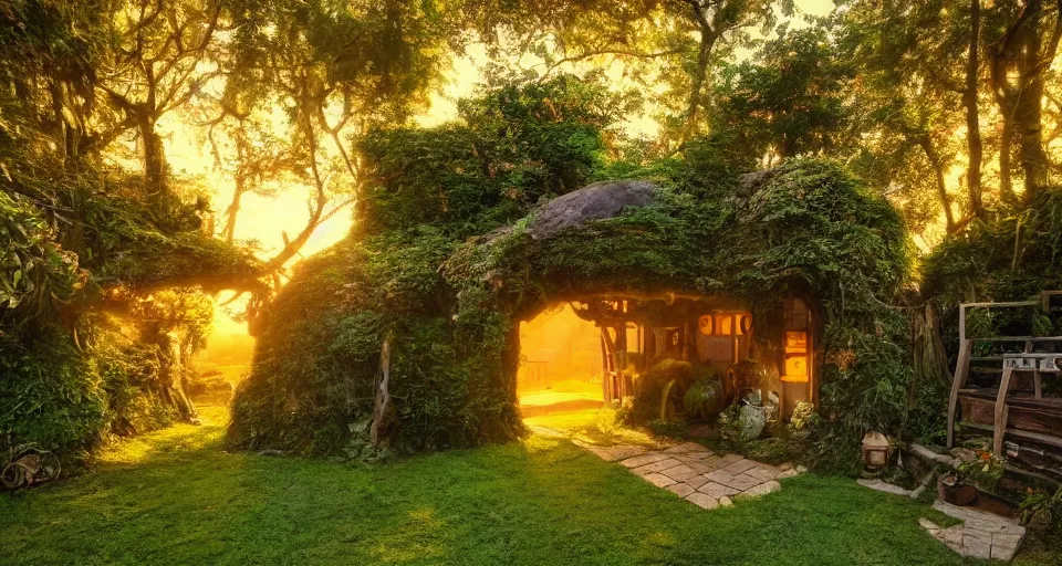 Image similar to a cozy mancave with an overgrown entrance, studio Ghibli style, golden hour