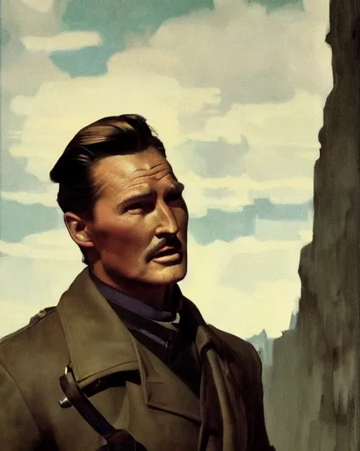 Image similar to Errol Flynn as a scientist. 1980s dystopian Soviet Russia, propaganda screens. Fantasy art by Greg Rutkowski, Gustave Courbet, Rosa Bonheur, Edward Hopper. Faithfully depicted facial expression, perfect anatomy, sharp focus, global illumination, radiant light, detailed and intricate environment, trending on ArtStation