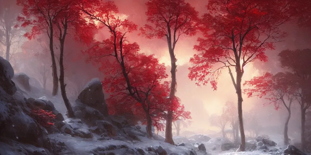 Image similar to A beautiful oil painting of a rocky valley covered in snow, trees with red leaves, thunderstorm in the sky, blue lighting, gloomy, atmospheric lighting, detailed, by greg rutkowski, trending on artstation