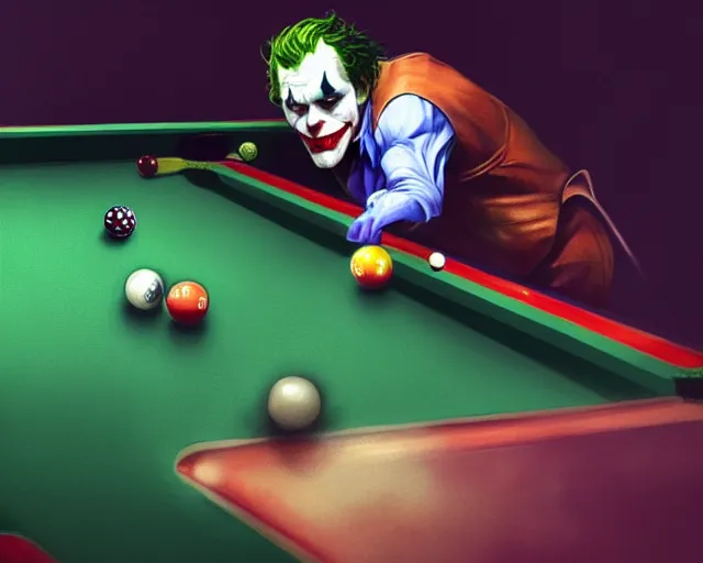 Image similar to photography of the joker playing pool, deep focus, intricate, elegant, highly detailed, digital painting, artstation, concept art, matte, sharp focus, illustration, hearthstone, art by artgerm and greg rutkowski and alphonse mucha