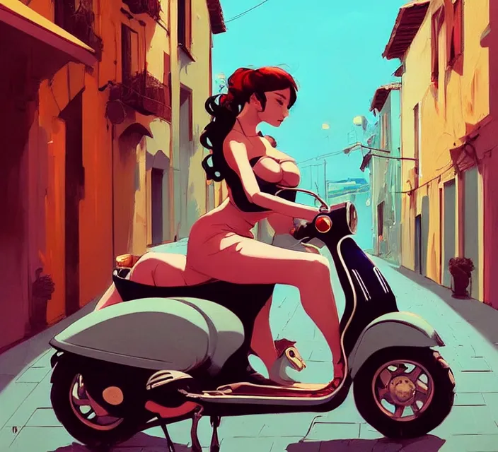 Prompt: beautiful woman on a turquise vespa moped, the streets of italy, in the style of artgerm, gerald brom, atey ghailan and mike mignola, vibrant colors and hard shadows and strong rim light, plain background, comic cover art, trending on artstation, masterpiece