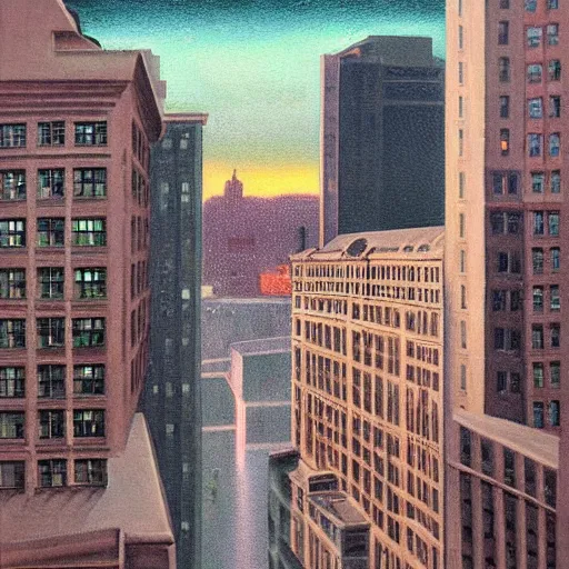 Prompt: muted color ultra realistic painting of a balcony view of 1 9 2 5 boston downtown at night, the sky is distorted and broken like a smashed mirror, dark, brooding, night, atmospheric, ultra - realistic, smooth, highly detailed in the style of clyde caldwell