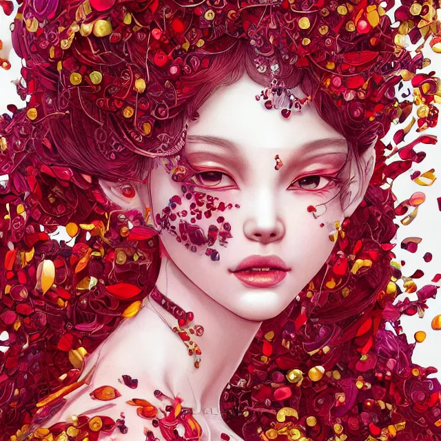 Prompt: studio portrait of absurdly beautiful, elegant, young hypercolorful gravure idol made of rubies and red gems, ultrafine hyperrealistic detailed face illustration by kim jung gi, irakli nadar, intricate linework, sharp focus, bright colors, matte, octopath traveler, final fantasy, unreal engine highly rendered, global illumination, radiant light, intricate environment