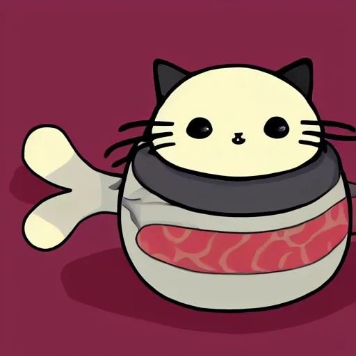 Prompt: cat wrapped up like a sushi roll, by sanrio, cute, adorable, kawaii, digital painting, trending on artstation