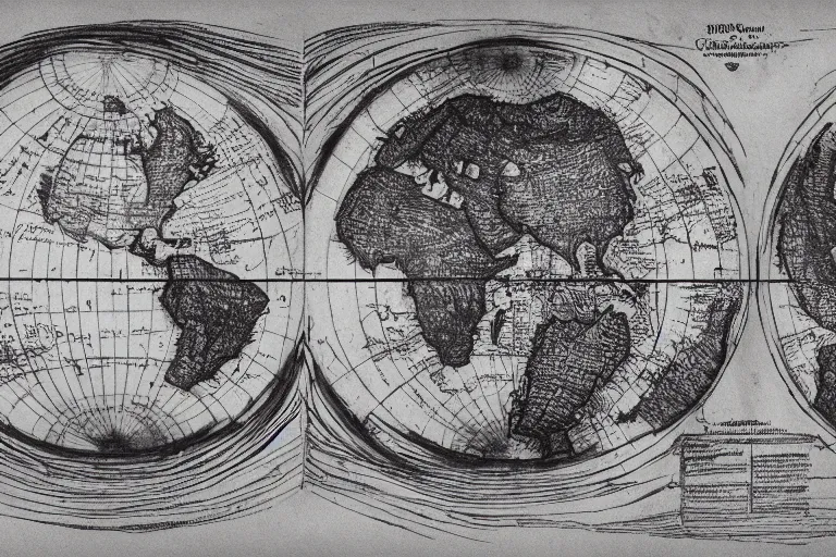 Prompt: intricate and dramatic sketch of world map, both hemispheres shown as flat earths, evil, insidious, hyperdetailed, 80mm lens, by Charlie Bowater and Gabrielle Ragusi, white and red ink sketch on black paper