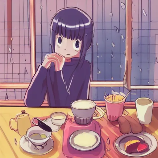 Prompt: breakfast, rainy day, anime, ghibli, 9 0 s, retro style, aesthetic, chill, room