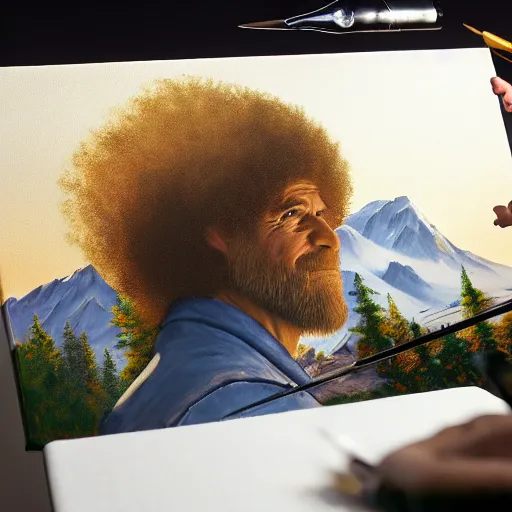 Prompt: a closeup photorealistic photograph of bob ross working on a canvas painting of hawkeye. film still. brightly lit scene. this 4 k hd image is trending on artstation, featured on behance, well - rendered, extra crisp, features intricate detail, epic composition and the style of unreal engine.