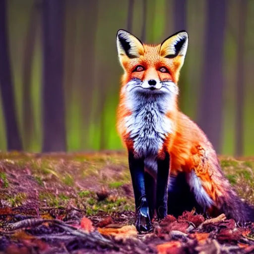 Prompt: Close-up of a fox in a magic forest with toadstools