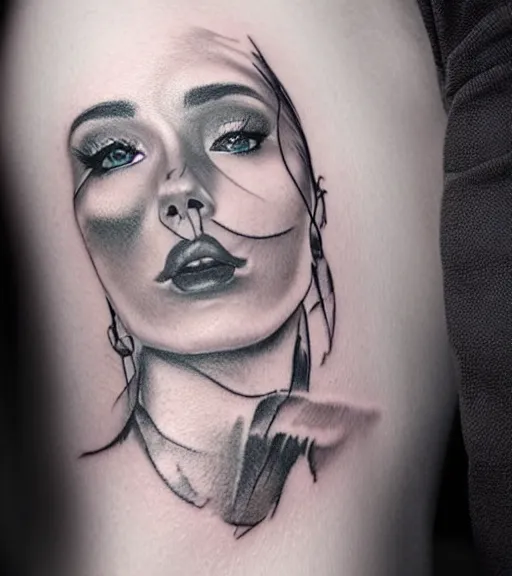 Image similar to tattoo design sketch of an extremely beautiful woman face with a faded background of stunning mountain view on her side, hyper - realistic, in the style of matteo pasqualin, amazing detail, black and white, faded