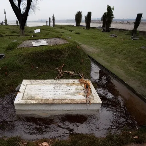 Prompt: The installation art shows a grave that has been flooded with water. The grave is located in a cemetery in Italy. The water in the grave is dirty and there is trash floating in it. The grave is surrounded by a fence. by Nikolai Ge, by Joe Quesada rigorous