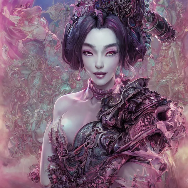 Image similar to the portrait of chaotic evil female necromancer mastermind as absurdly beautiful, gorgeous, elegant, cute av young idol, an ultrafine hyperdetailed illustration by kim jung gi, irakli nadar, intricate linework, bright colors, octopath traveler, final fantasy, unreal engine 5 highly rendered, global illumination, radiant light, detailed and intricate environment